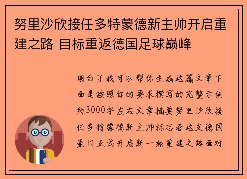 努里沙欣接任多特蒙德新主帅开启重建之路 目标重返德国足球巅峰